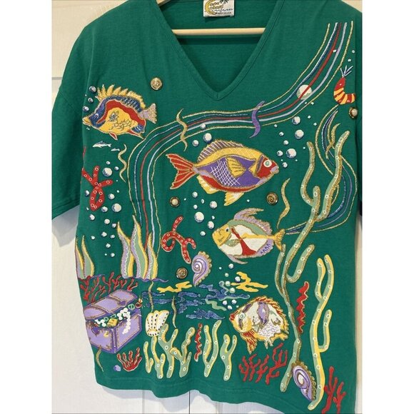 Vtg Copa Cabana Womens T shirt L Green Fish Underwater Treasure 80s Embellished - Picture 4 of 11